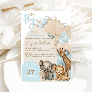 Safari Animal Boho Blue Balloon Boy Shower Inbjudningar