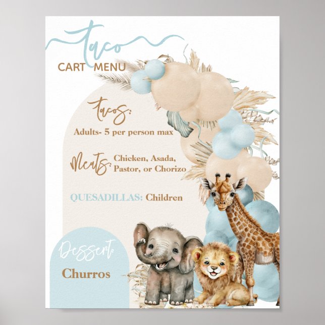 Safari Animal Boho Blue Balloon Boy Shower Poster (Framsidan)