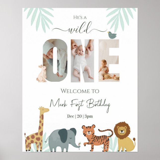 Safari Animal Boy 1st Birthday Welcome Sign Poster (Framsidan)