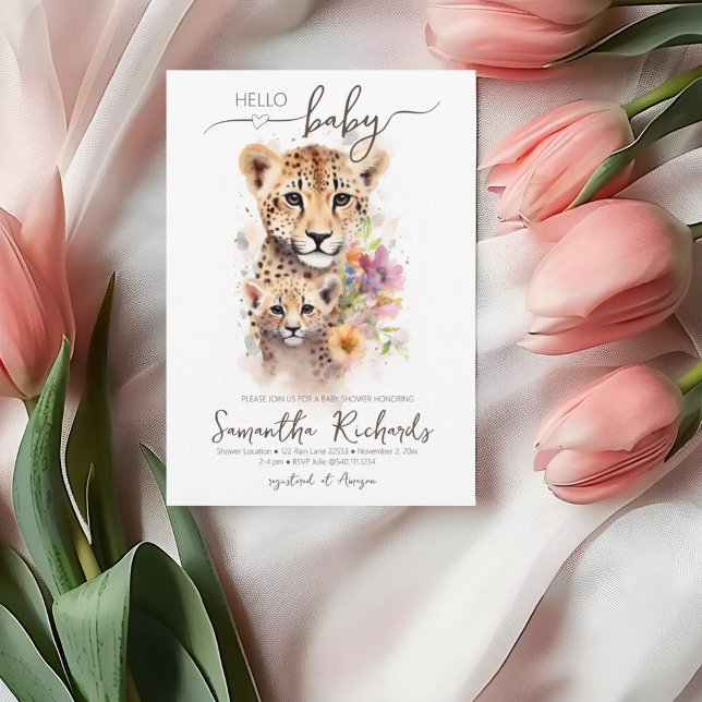 Safari Animal Cheetah Blommigt Mamma Baby Shower Inbjudningar (Safari Animal Cheetah Floral Mom Baby Shower Invitation)