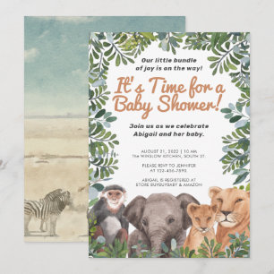 Safari Animal , Elephant, Monkey Grönt Baby Shower Inbjudningar