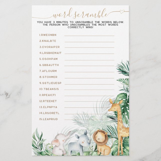 Safari Animal Greenery Baby Ord Scramble (Framsida)