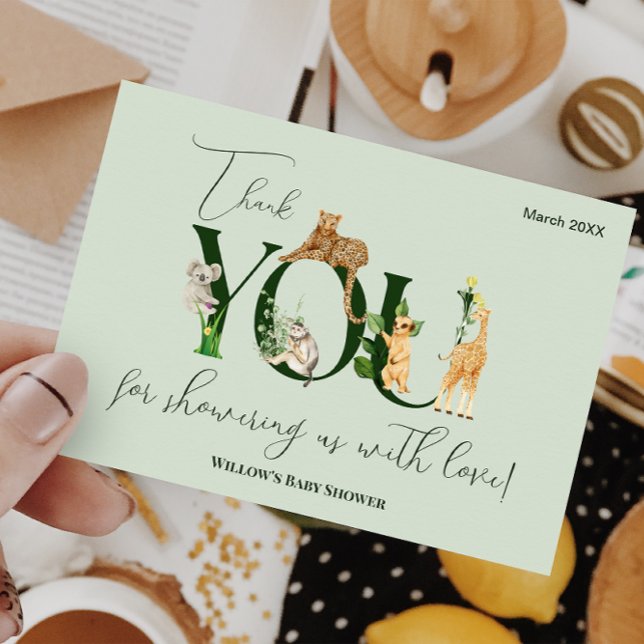 Safari Animal Jungle Grönt Baby Shower Tack Kort (Skapare uppladdad)