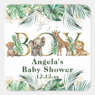 Safari Animal Jungle Grönt & Guld Baby Shower Fyrkantigt Klistermärke