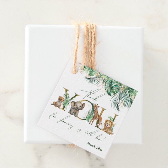 Safari Animal Jungle Grönt & Guld Baby Shower Gåvor Etiketter (På plats)