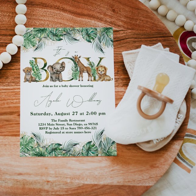 Safari Animal Jungle Grönt & Guld Baby Shower Inbjudningar (Skapare uppladdad)