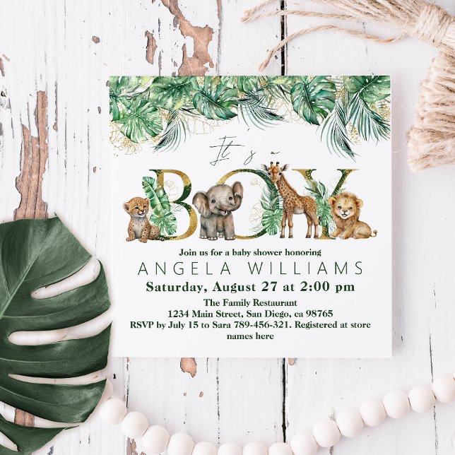 Safari Animal Jungle Grönt & Guld Baby Shower Inbjudningar (Skapare uppladdad)