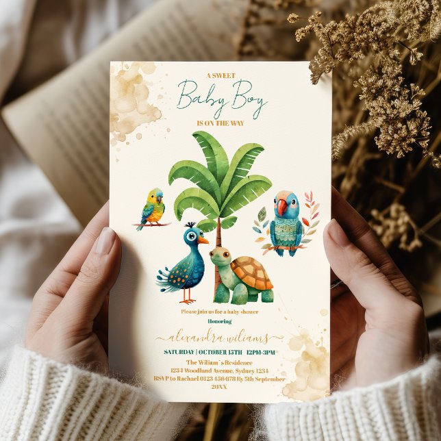 Safari Animal Jungle Grönt & Guld Baby Shower Inbjudningar (Skapare uppladdad)