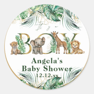 Safari Animal Jungle Grönt & Guld Baby Shower Runt Klistermärke