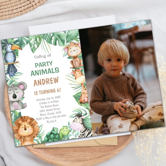 Safari Animal Party Theme för barn Inbjudningar (Jungle Birthday Invitations with photo)