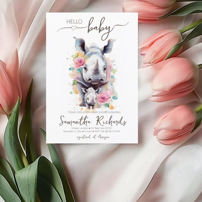 Safari Animal Rhino Blommigt Mamma Baby Shower Inbjudningar (Safari Animal Rhino Floral Mom Baby Shower Invitation)