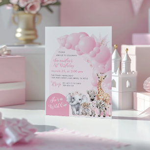 Safari Animal Rosa Vild One Girl Birthday Inbjudningar