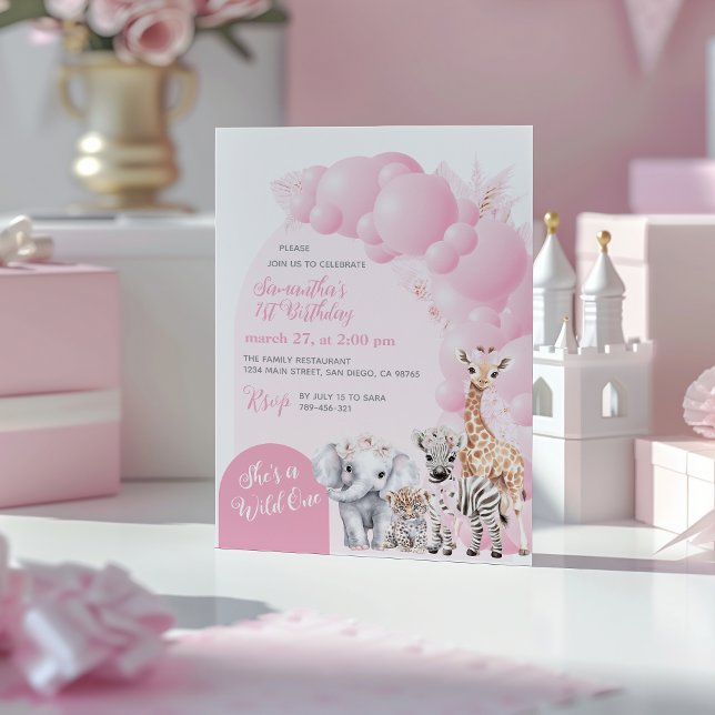 Safari Animal  Rosa Vild One Girl Birthday Inbjudningar (Skapare uppladdad)