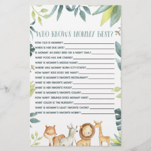 Safari Animal som känner Mamma Baby Shower Game Brevpapper
