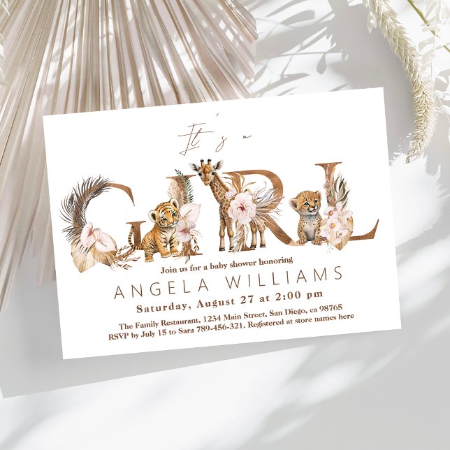 Safari Animal Tropical Blommigt Girl Baby Shower Inbjudningar (Skapare uppladdad)