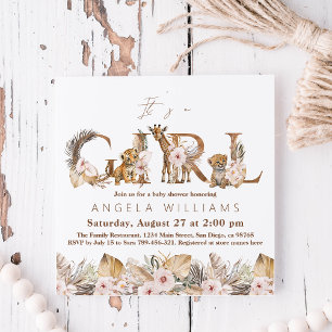 Safari Animal Tropical Blommigt Girl Baby Shower Inbjudningar