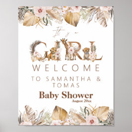 Safari Animal Tropical Blommigt Girl Baby Shower Poster