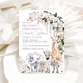 Safari Animal Tropical Flower Rosa Baby Shower Inbjudningar