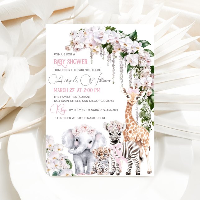 Safari Animal Tropical Flower Rosa Baby Shower Inbjudningar (Skapare uppladdad)