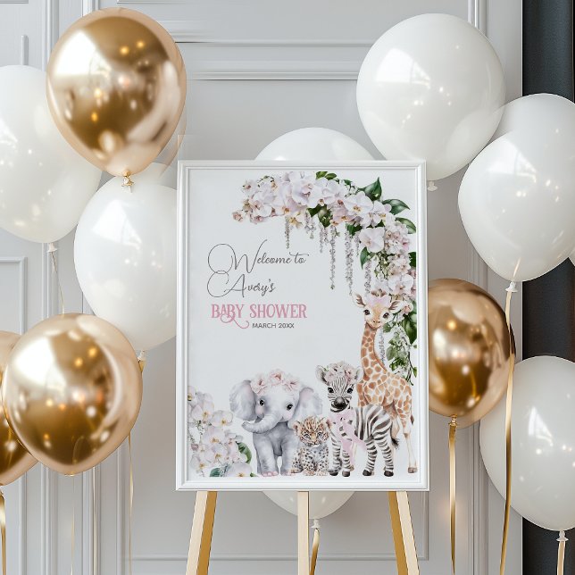 Safari Animal Tropical Flower Rosa Baby Shower Poster (Skapare uppladdad)