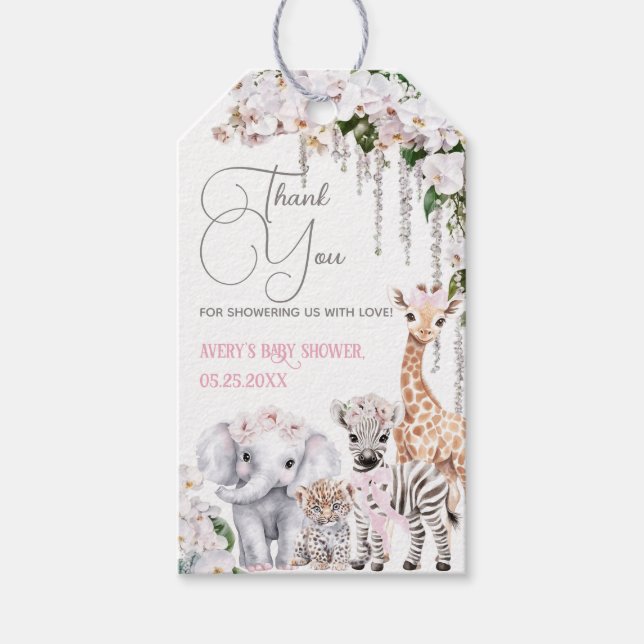 Safari Animal Tropical Flower Rosa Baby Shower Presentetikett (Framsidan)