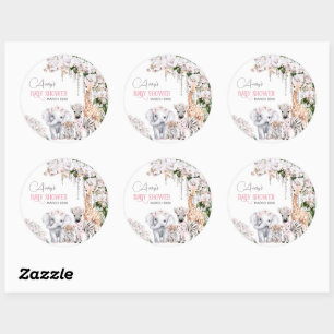 Safari Animal Tropical Flower Rosa Baby Shower Runt Klistermärke