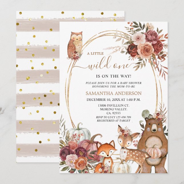 Safari Animal Vild 1 fall Pumpkin Baby Shower Inbjudningar (Fram/baksida)