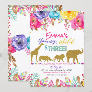 Safari Animal Young Vild & Three Girls Birthday Inbjudningar