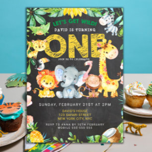 Safari Animals 1:a Boy Birthday Chalkboard Jungle Inbjudningar
