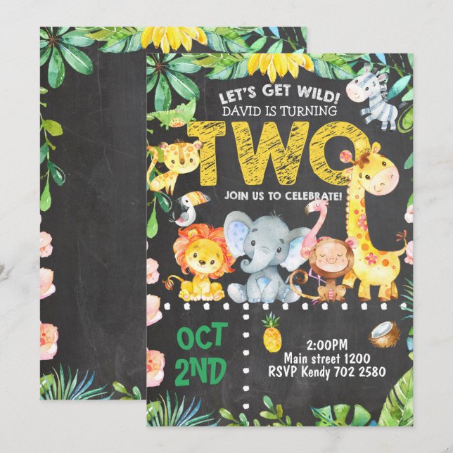 Safari Animals 2:a födelsedagsinbjudan Jungle ZOO Inbjudningar (Fram/baksida)