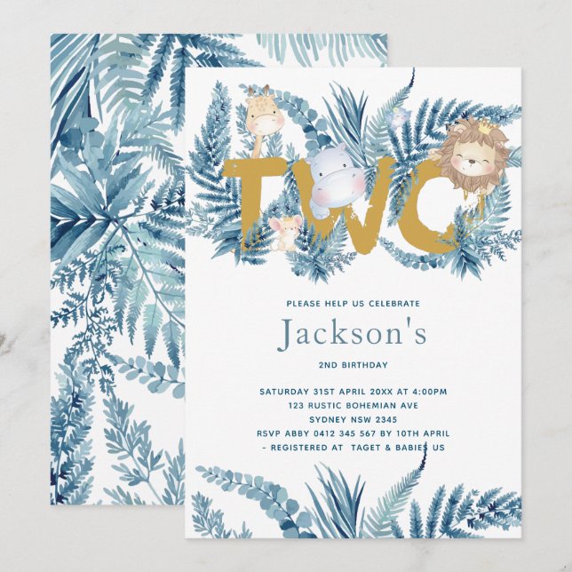 Safari Animals andra födelsedagen Inbjudningar (Fram/baksida)