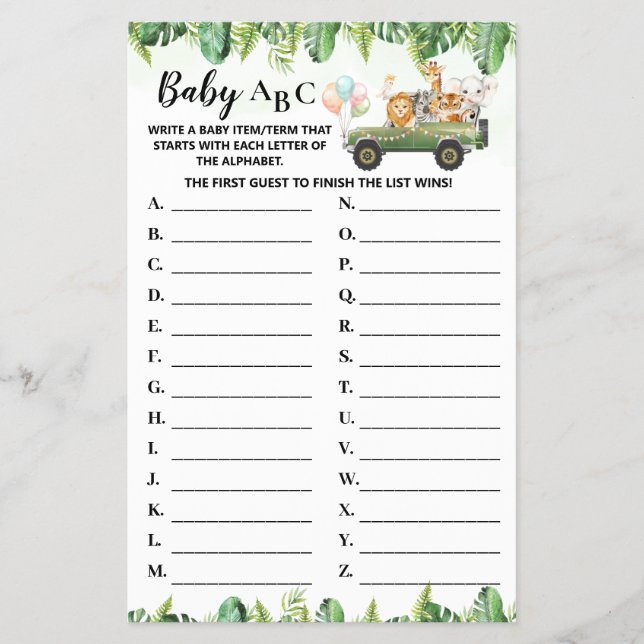 Safari Animals Baby ABC Baby Shower Game Card Flygblad (Framsidan)