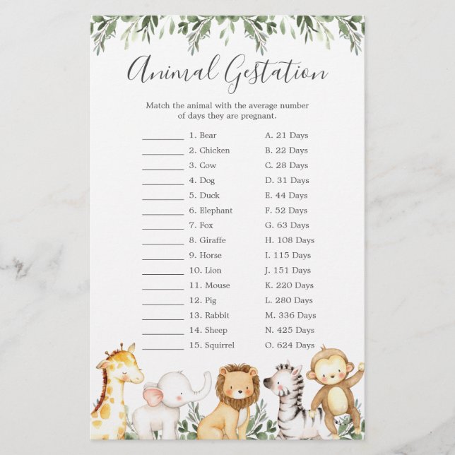 Safari Animals Baby Shower Animal Gestation Game (Framsida)