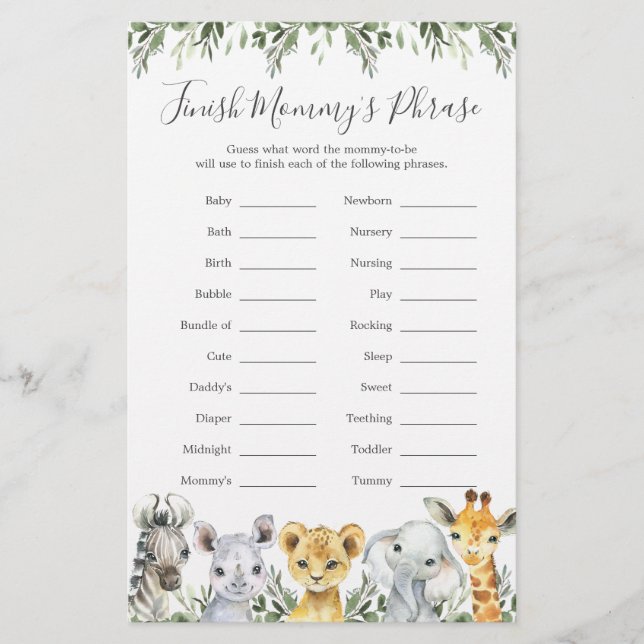 Safari Animals Baby Shower Avslutar Mamma fras (Framsida)
