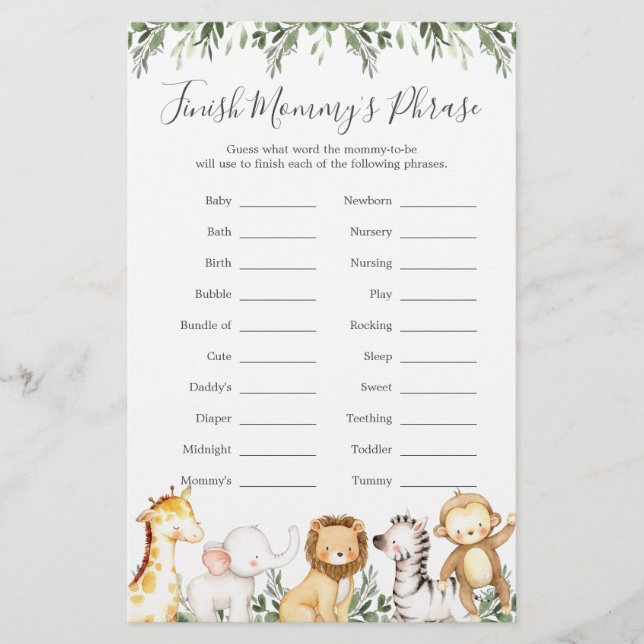 Safari Animals Baby Shower Avslutar Mamma fras (Framsida)