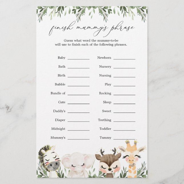 Safari Animals Baby Shower Avslutar Mummy fras (Framsida)