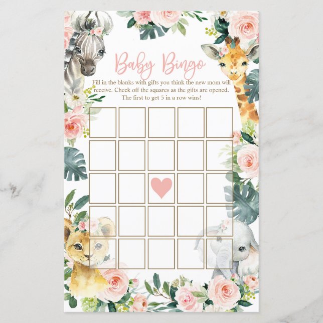 Safari Animals Baby Shower Bingo Cards Girl (Framsida)