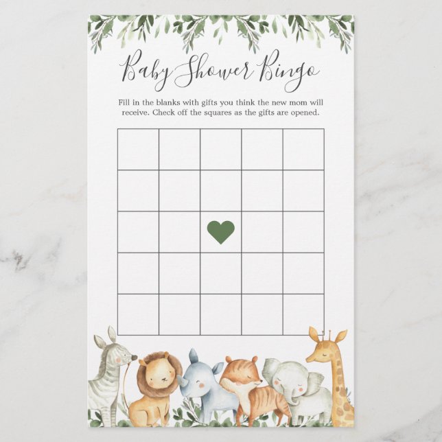 Safari Animals Baby Shower Bingo Game (Framsida)