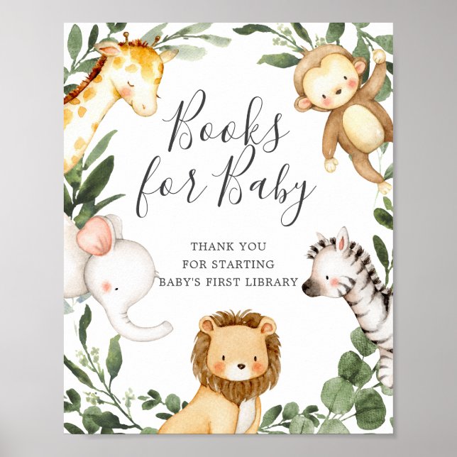 Safari Animals Baby Shower Bokar för Baby-tecken Poster (Framsidan)