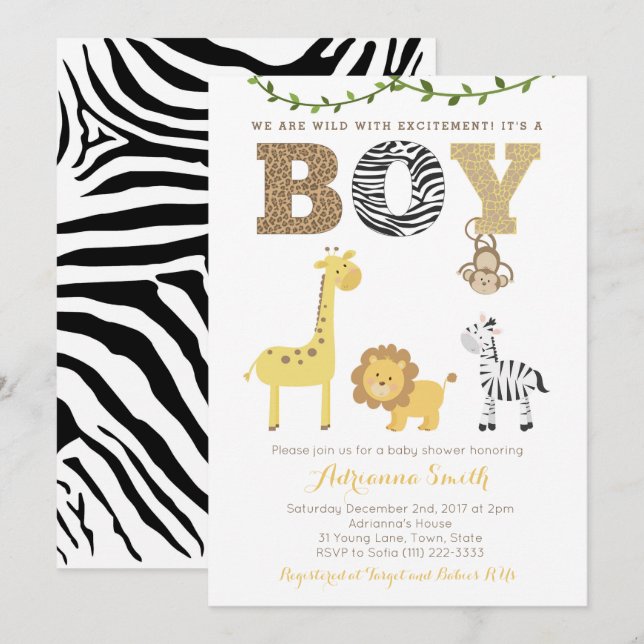 Safari animals Baby Shower Card, djurtryck Inbjudningar (Fram/baksida)