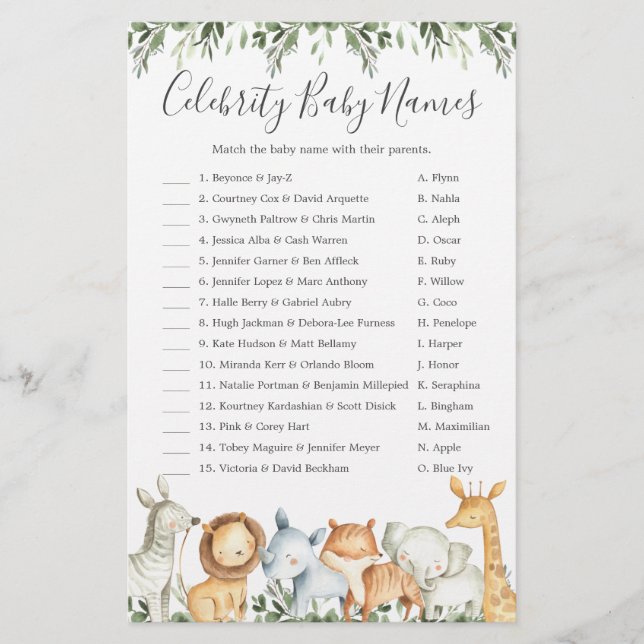 Safari Animals Baby Shower Celebrity Barn namn (Framsida)