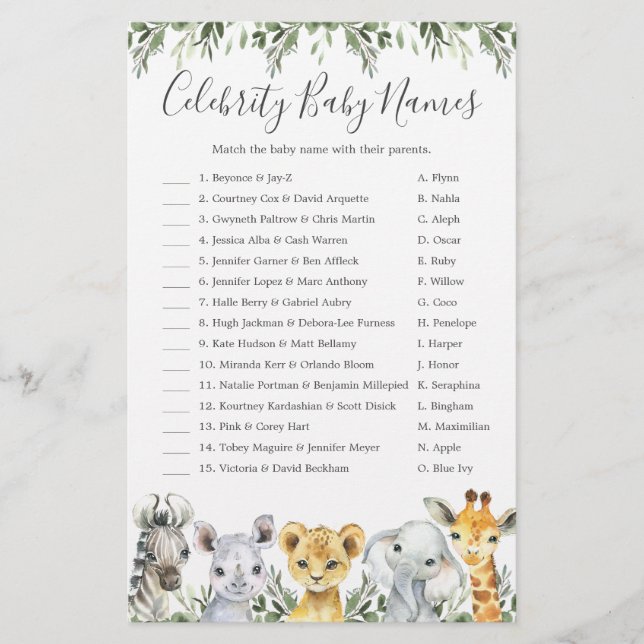 Safari Animals Baby Shower Celebrity Barn namn (Framsida)
