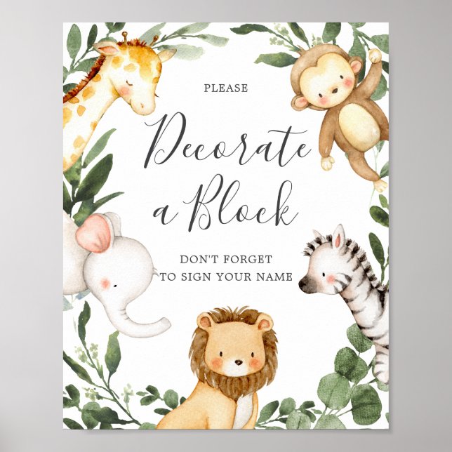 Safari Animals Baby Shower Decorterar ett blocktec Poster (Framsidan)