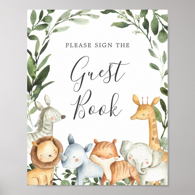 Safari Animals Baby Shower Guestbook-tecken Poster (Framsidan)