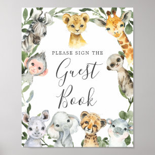 Safari Animals Baby Shower Guestbook-tecken Poster