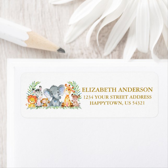 Safari Animals Baby Shower Guld Returadress Returadress Etikett (Insitu)