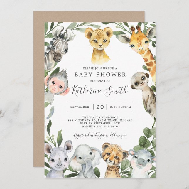 Safari Animals Baby Shower-inbjudan Inbjudningar (Fram/baksida)
