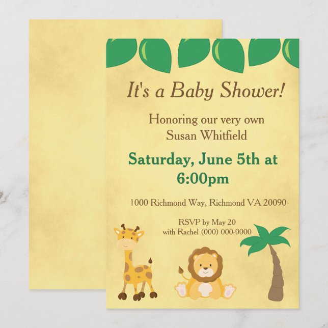 Safari Animals Baby Shower Inbjudningar (Fram/baksida)
