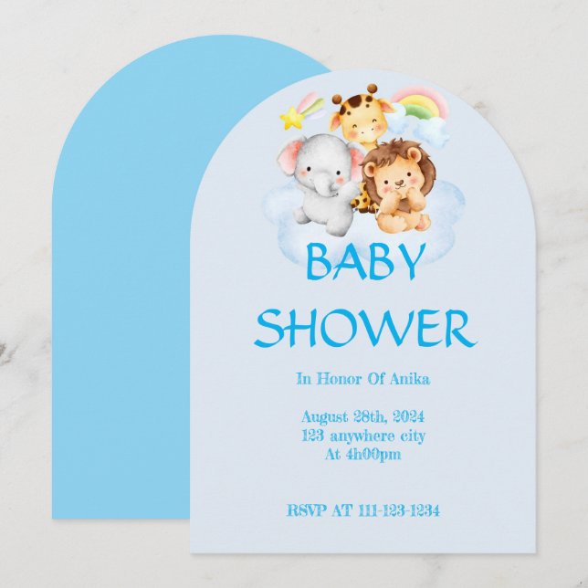 SAFARI ANIMALS BABY SHOWER INVICATION INBJUDNINGAR (Fram/baksida)