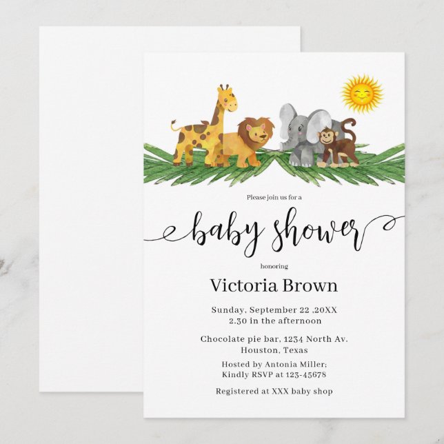 Safari Animals Baby Shower Invitation Inbjudningar (Fram/baksida)